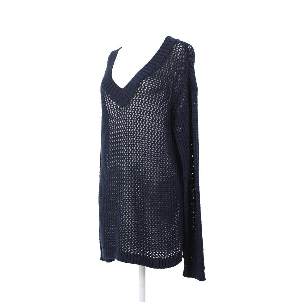Talbots Sweater $90 Sz L Navy Blue Open Weave V Neck 100% Cotton Sweater